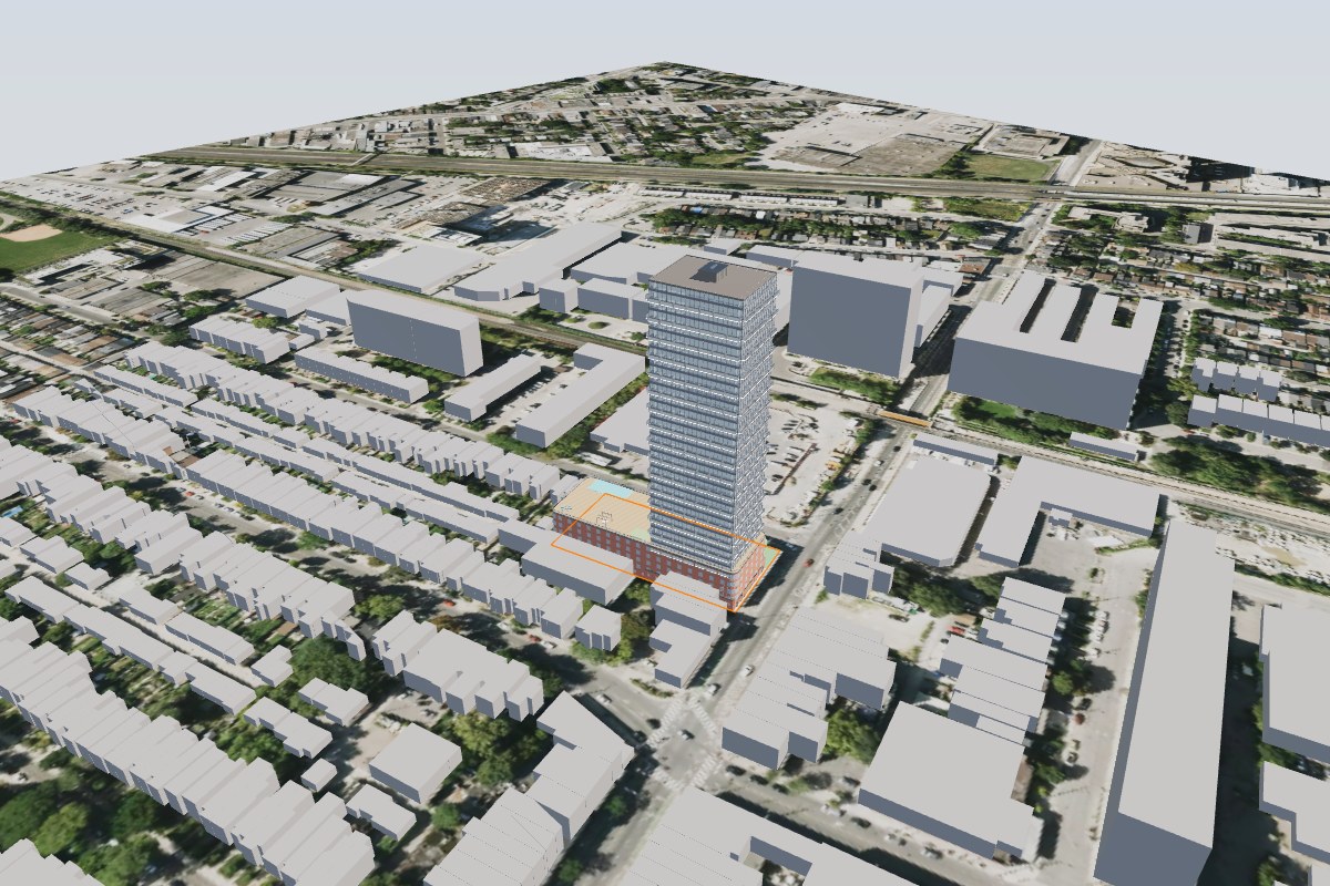 3D massing render of the proposed 35-storey tower at 1313 Bloor St W, shown in context above the surrounding Toronto low-rise neighbourhood.